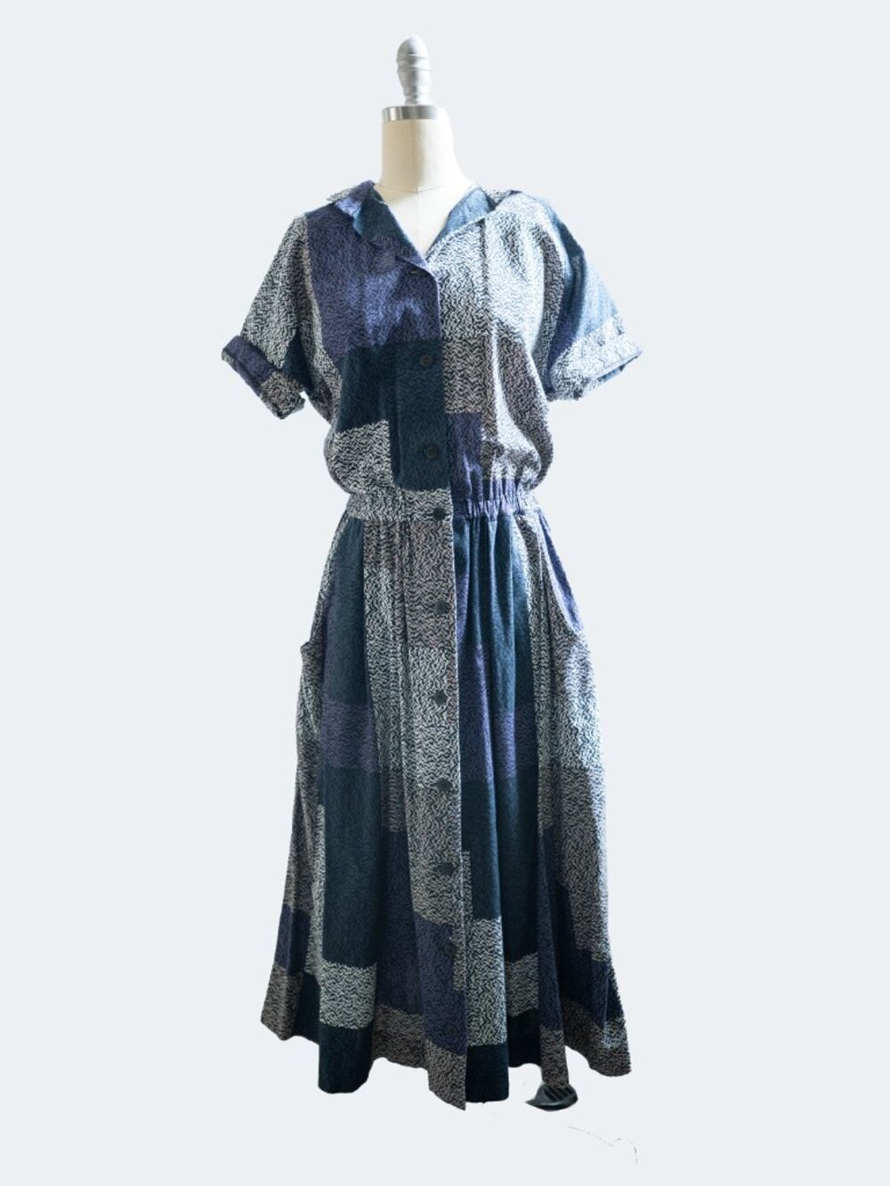 Vintage Marimekko Cotton Blue Geometric Button Down Dress 8